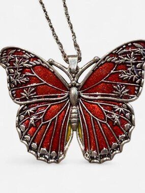 Dark Orange Butterfly Pendant Necklace Silver Tone 16" Chain